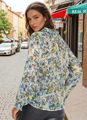 bonprix - Blusa Manga Longa com Babado Floral Azul - BONPRIX