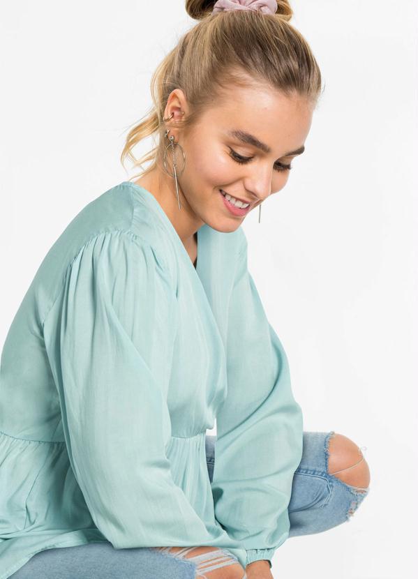 Outlet - Blusa Manga Longa com Decote Tanspassado Azul 3