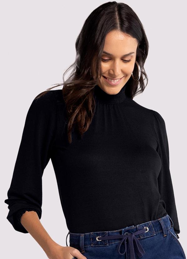 Lunender - Blusa Manga Longa com Gola Alta Lastex Preto