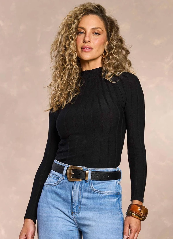 Doce Trama - Blusa Manga Longa com Gola Média Preto