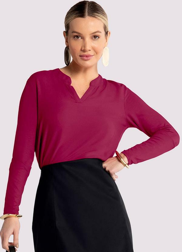 Lunender - Blusa Manga Longa com Recorte V Decote Rosa