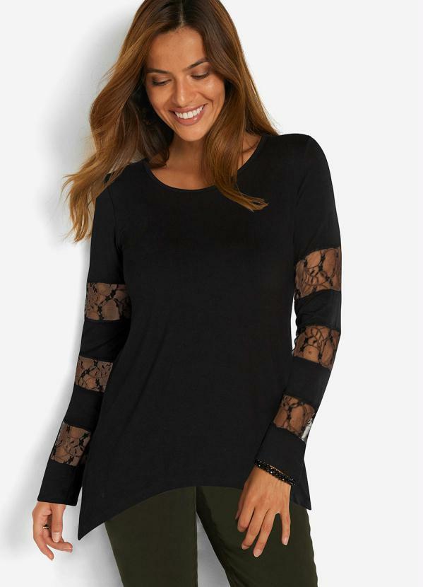 bonprix - Blusa Manga Longa com Renda Preta