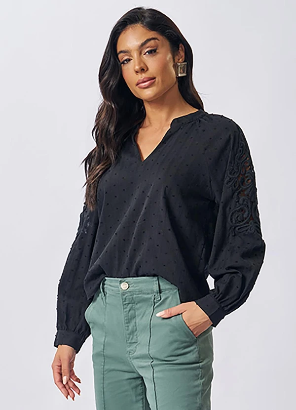 Doce Trama - Blusa Manga Longa com Renda Preto