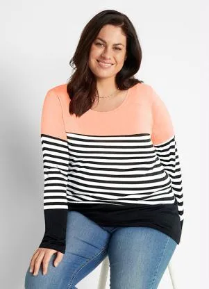 bonprix - Blusa Manga Longa Coral/Preto - BONPRIX
