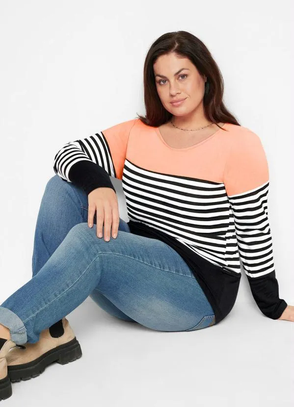 bonprix - Blusa Manga Longa Coral/Preto 7