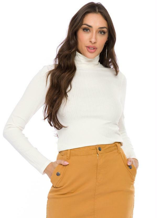 Doce Trama - Blusa Manga Longa de Ribana Canelada Bege