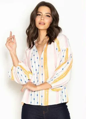 Maria Filó - Blusa Manga Longa de Viscose Listra Color Bege - MARIA FILÓ