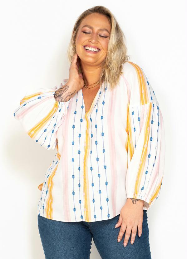 Maria Filó - Blusa Manga Longa de Viscose Listra Color Bege