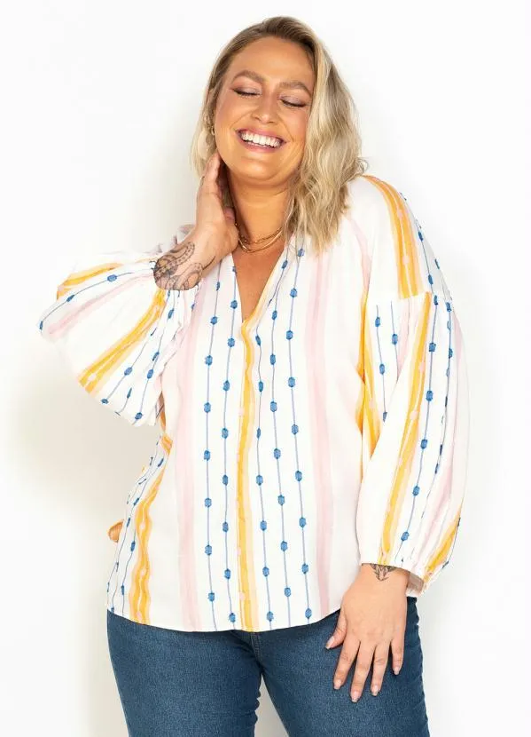 Maria Filó - Blusa Manga Longa de Viscose Listra Color Bege