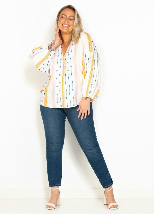 Maria Filó - Blusa Manga Longa de Viscose Listra Color Bege 7