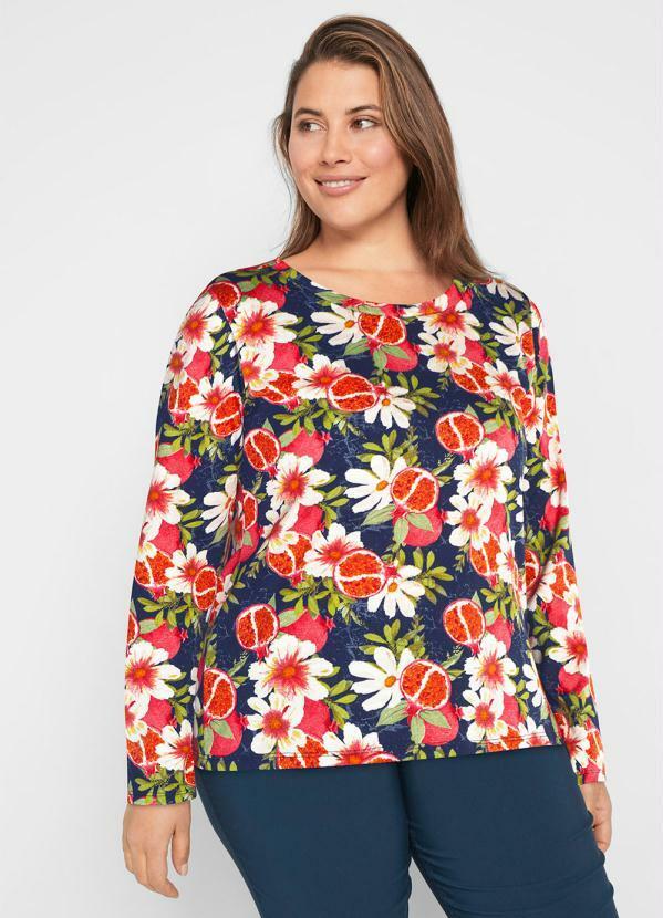 Outlet - Blusa Manga Longa Decote Redondo Floral Azul