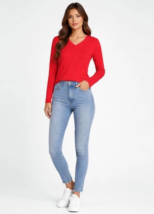Select - Blusa Manga Longa Decote V Básica Laranja - SELECT