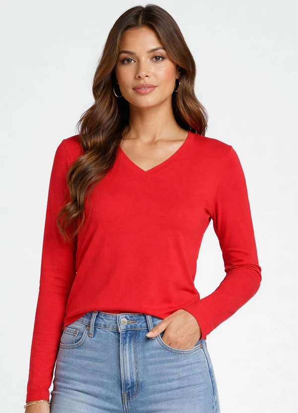Select - Blusa Manga Longa Decote V Básica Laranja