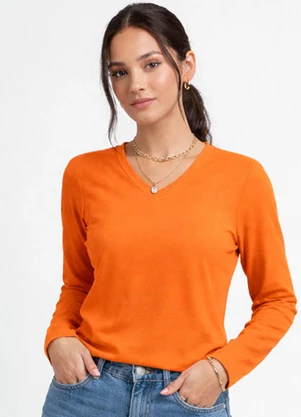 Select - Blusa Manga Longa Decote V Básica Laranja - SELECT