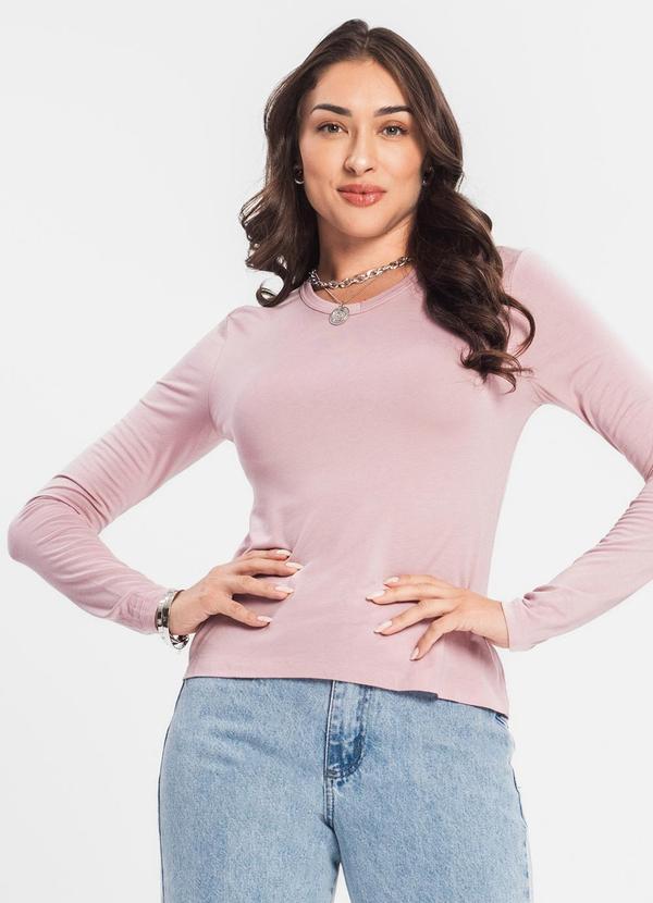 Rovitex - Blusa Manga Longa Decote V Básica Rosa