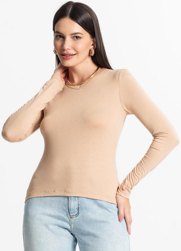 Select - Blusa Manga Longa Decote V Básica Bege