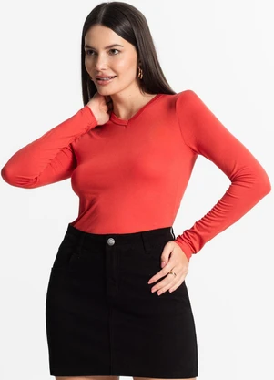 Select - Blusa Manga Longa Decote V Básica Laranja - SELECT