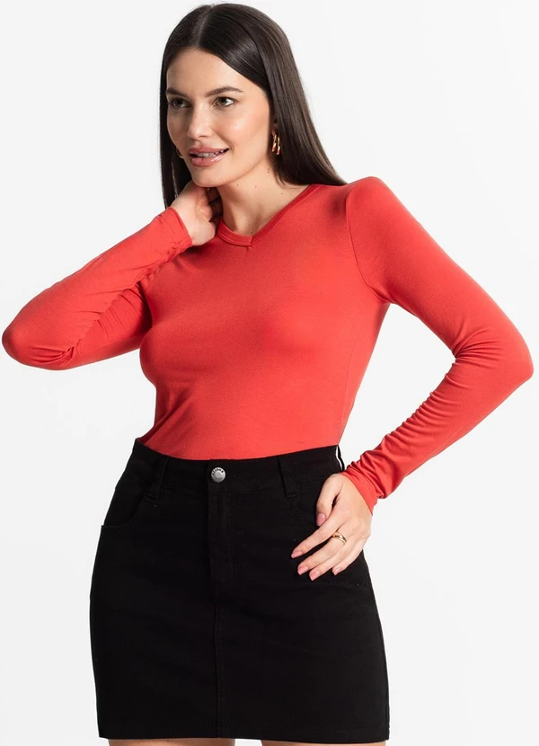 Select - Blusa Manga Longa Decote V Básica Laranja