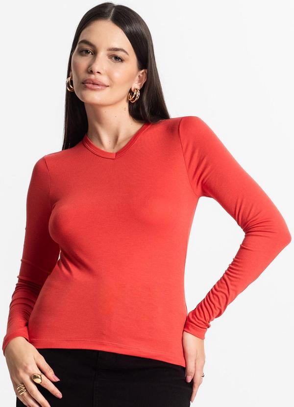 Select - Blusa Manga Longa Decote V Básica Laranja 3