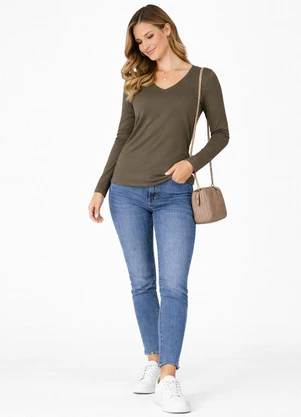 Select - Blusa Manga Longa Decote V Básica Verde - SELECT