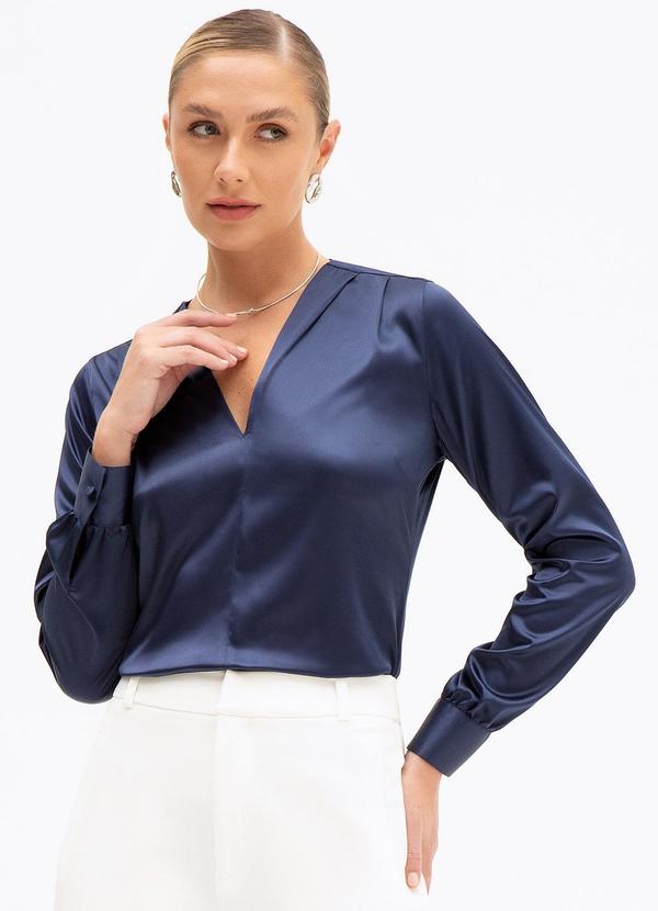 Principessa - Blusa Manga Longa Decote V em Cetim Marinho Elly