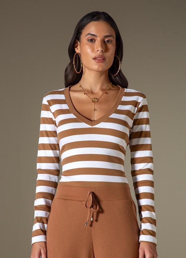 Use Modo - Blusa Manga Longa Decote V Listrada Marrom