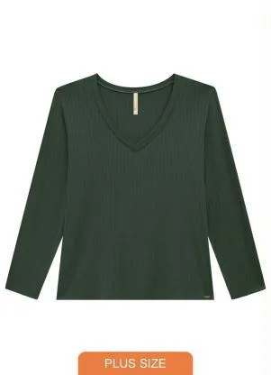Lunender Mais Mulher - Blusa Manga Longa Decote V Verde - LUNENDER MAIS MULHER