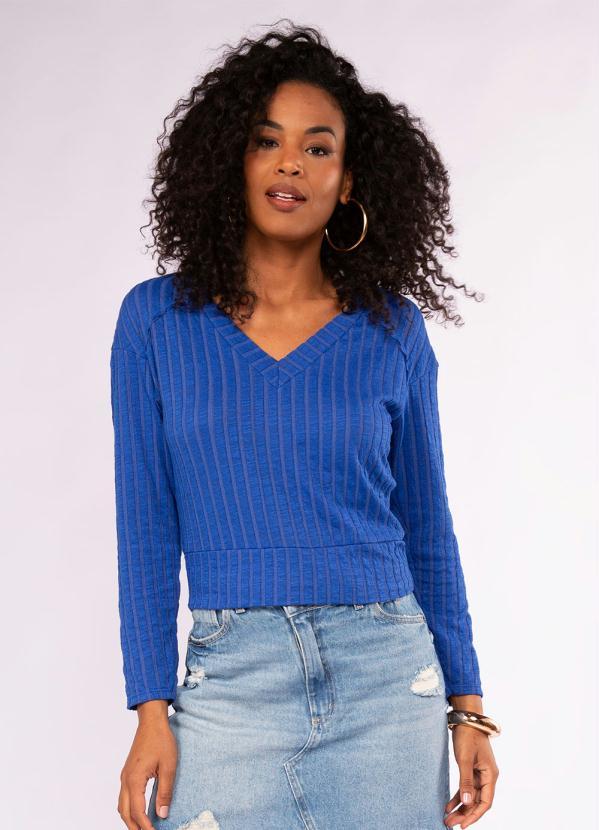 Doce Trama - Blusa Manga Longa em Jacquard Azul