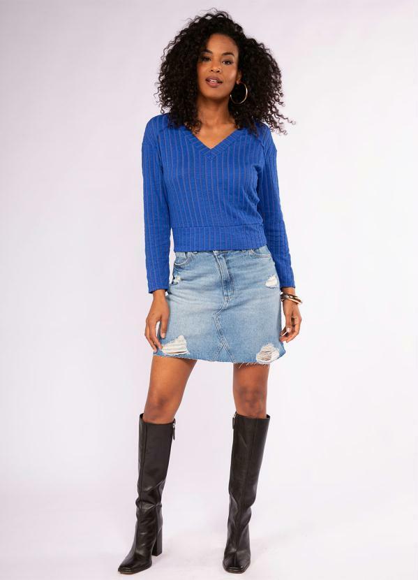 Doce Trama - Blusa Manga Longa em Jacquard Azul 3