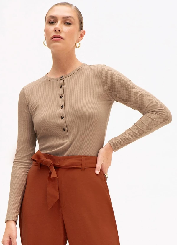 Principessa - Blusa Manga Longa em Malha Canelada Bege Fantine