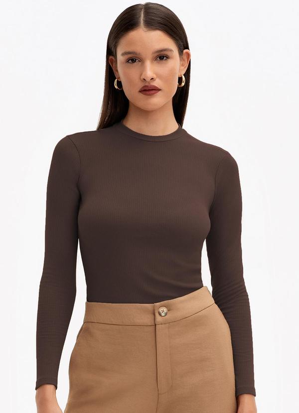 Principessa - Blusa Manga Longa em Malha Canelada Delma Marrom