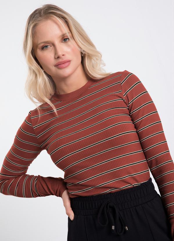 Lunender - Blusa Manga Longa em Malha Listrada Vermelho