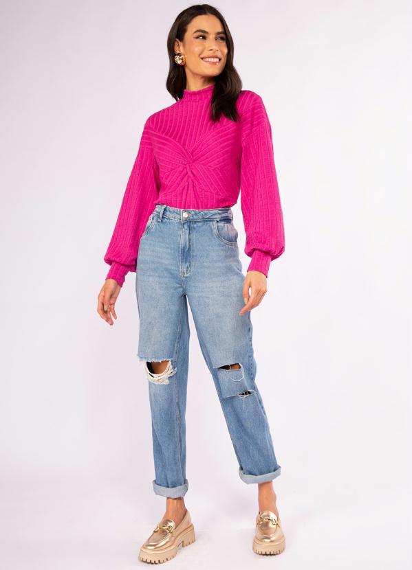 Doce Trama - Blusa Manga Longa em Malha Tricot Rosa 3