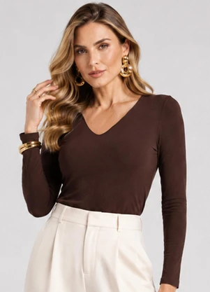 Rovitex - Blusa Manga Longa em Malha Visco Marrom - ROVITEX