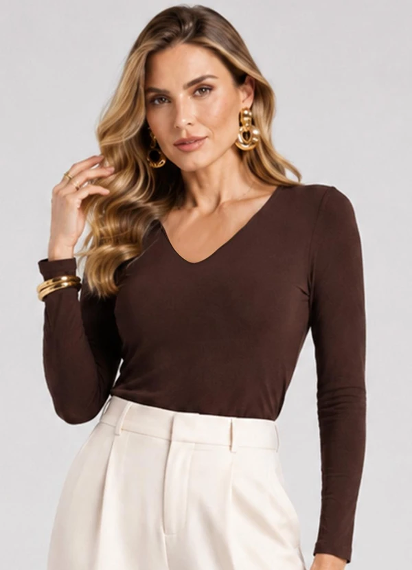 Rovitex - Blusa Manga Longa em Malha Visco Marrom