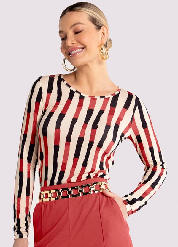 Lunender - Blusa Manga Longa em Malha Viscose Estampada Bege