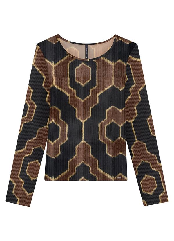 Lunender - Blusa Manga Longa em Malha Viscose Estampada Marrom