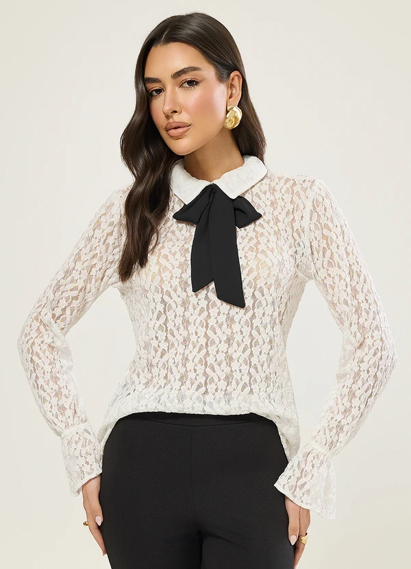 Naguchi - Blusa Manga Longa em Renda Off White