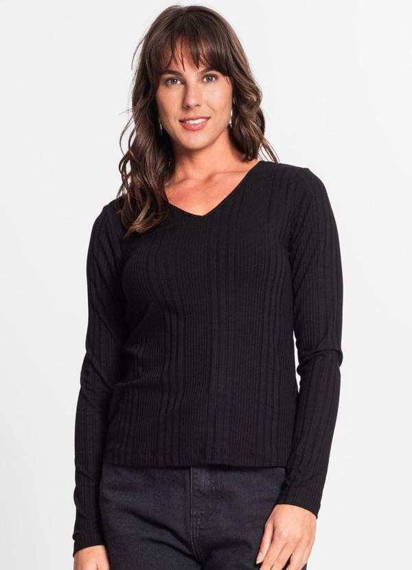 Rovitex - Blusa Manga Longa em Ribana Canelada Preto