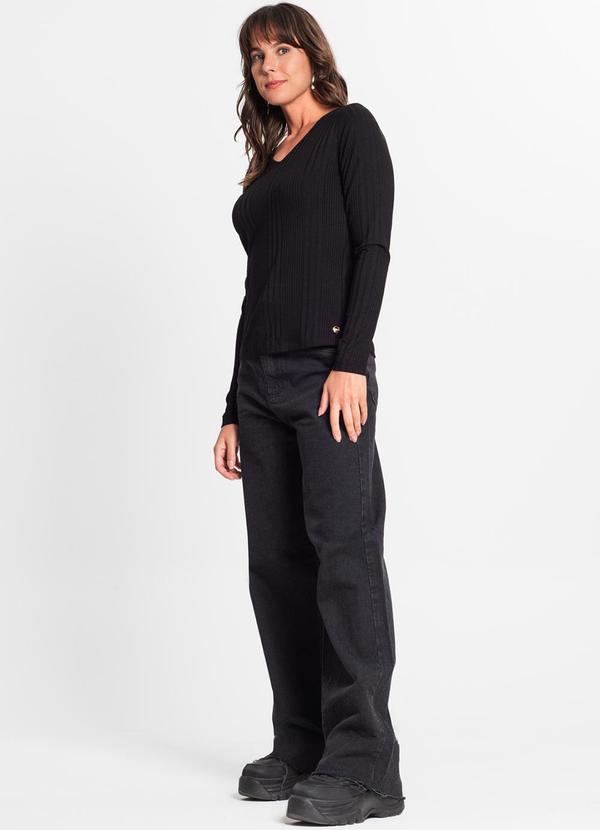 Rovitex - Blusa Manga Longa em Ribana Canelada Preto 3