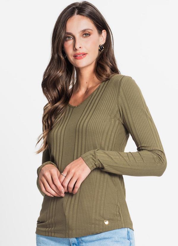Rovitex - Blusa Manga Longa em Ribana Canelada Verde