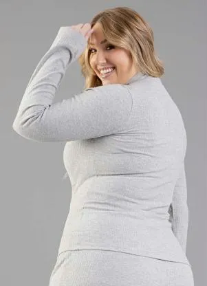 Just Basic - Blusa Manga Longa Gola Alta em Ribana Cinza - JUST BASIC