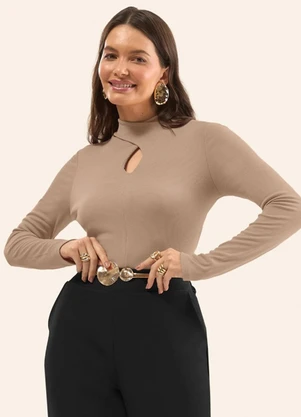 Rovitex - Blusa Manga Longa em Ribana Marrom - ROVITEX