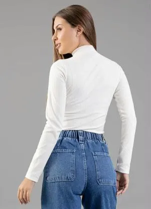 Just Basic - Blusa Manga Longa Gola Alta em Ribana Off White - JUST BASIC