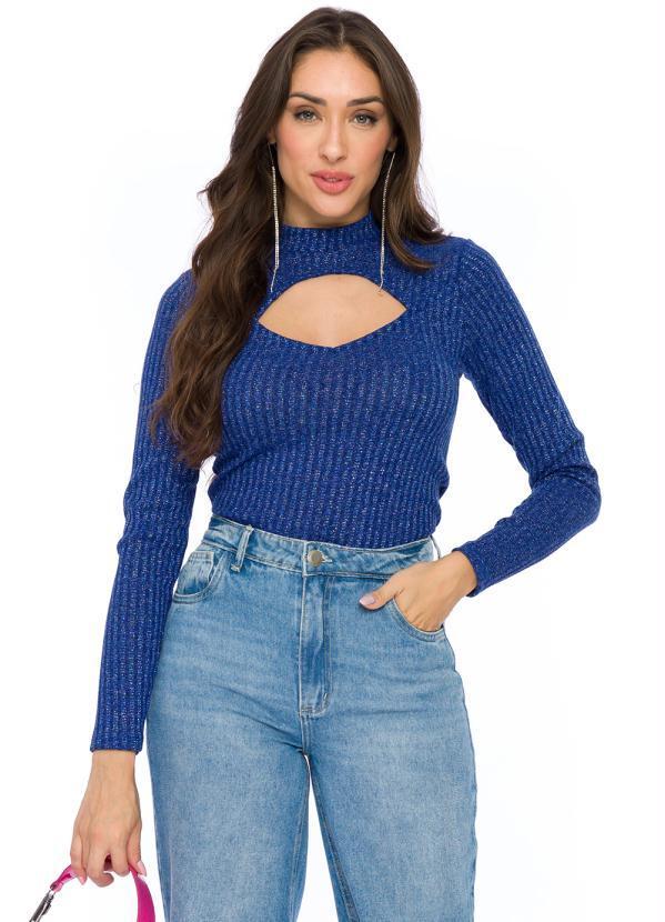 Doce Trama - Blusa Manga Longa em Tricot com Decote Azul