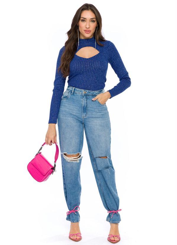 Doce Trama - Blusa Manga Longa em Tricot com Decote Azul 3