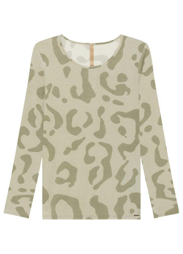 Lunender - Blusa Manga Longa em Viscose Estampada Verde