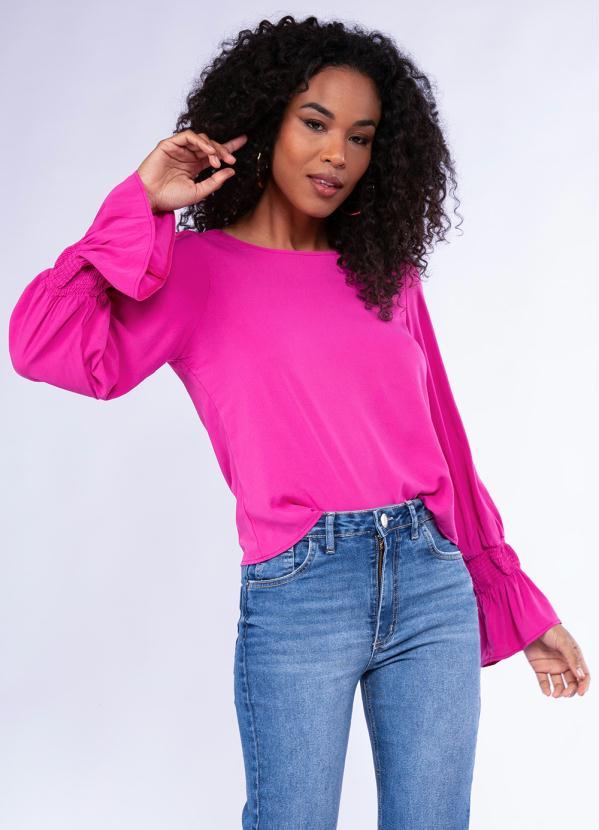 Doce Trama - Blusa Manga Longa em Viscose Sarjada Rosa