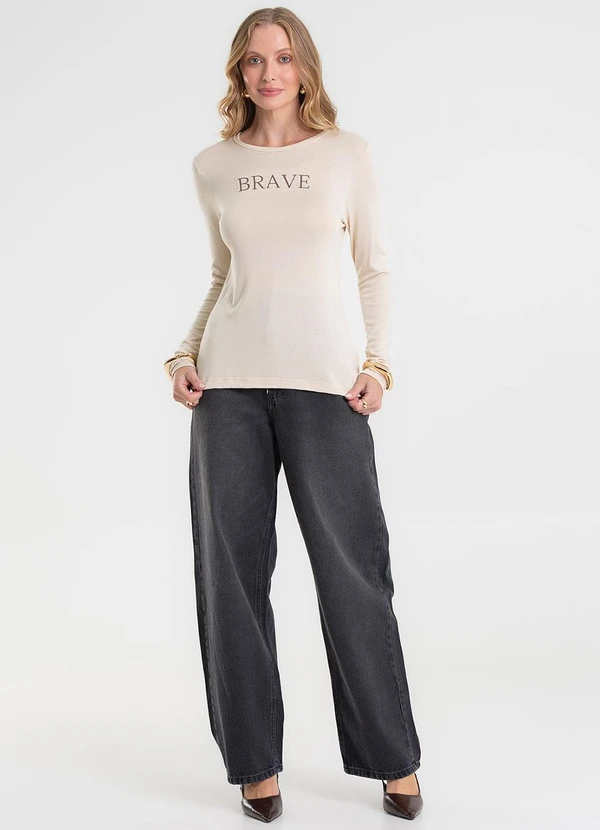Rovitex - Blusa Manga Longa Estampada Bege 3