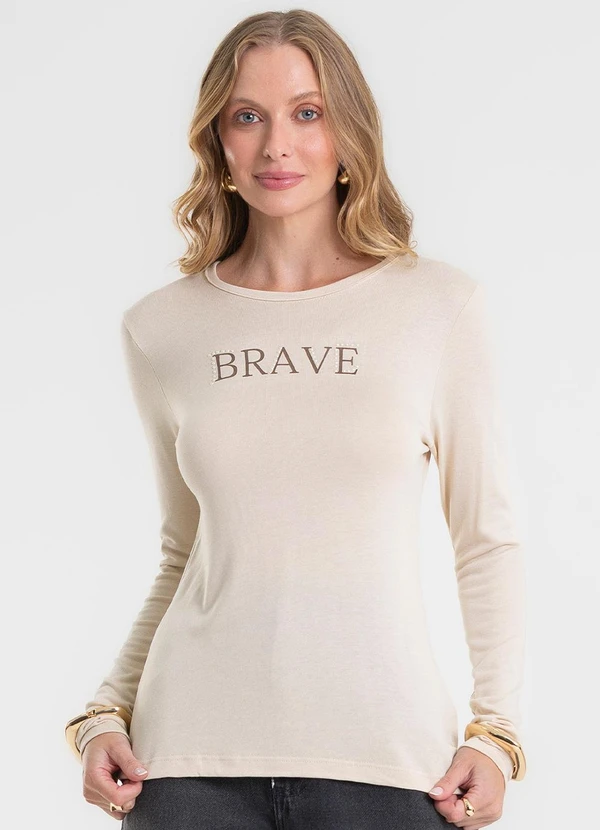 Rovitex - Blusa Manga Longa Estampada Bege 4